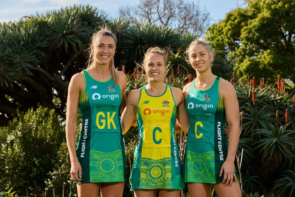 MELBOURNE, AUSTRALIA - JULY 10: (L-R) Sarah Klau, Paige Hadley and Jamie-Lee Price of Australia pose during the Australian Diamonds World Cup Uniform Launch at the Royal Botanic Gardens on July 10, 2023 in Melbourne, Australia. (Photo by Graham Denholm/Getty Images for Netball Australia)